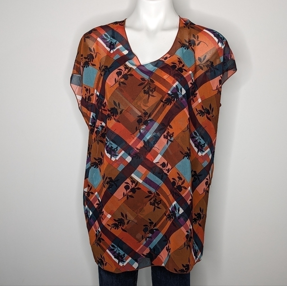 ✨3/$15 CAbi orange purple blue floral layered blouse S